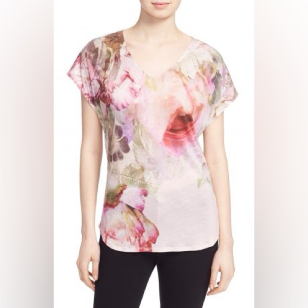 Ted Baker Baker Garden Pink Floral V-Neck Short Sleeve Top Size 2 Oversized